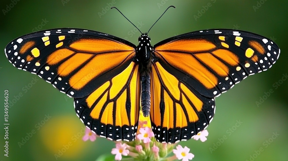 Fototapeta premium Monarch butterfly perched on flower, vibrant colors, blurred green background