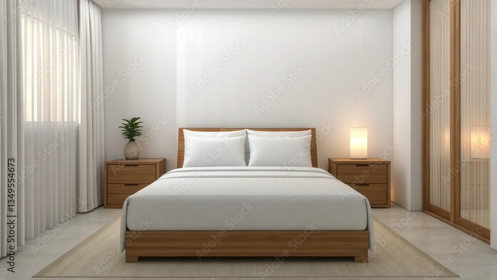Modern minimalist bedroom with wooden furniture and soft lighting. Modern minimalist bedroom with wooden furniture and soft lighting.