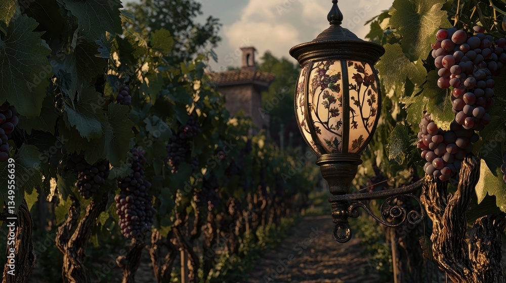 Fototapeta premium Vineyard path lantern sunset charm