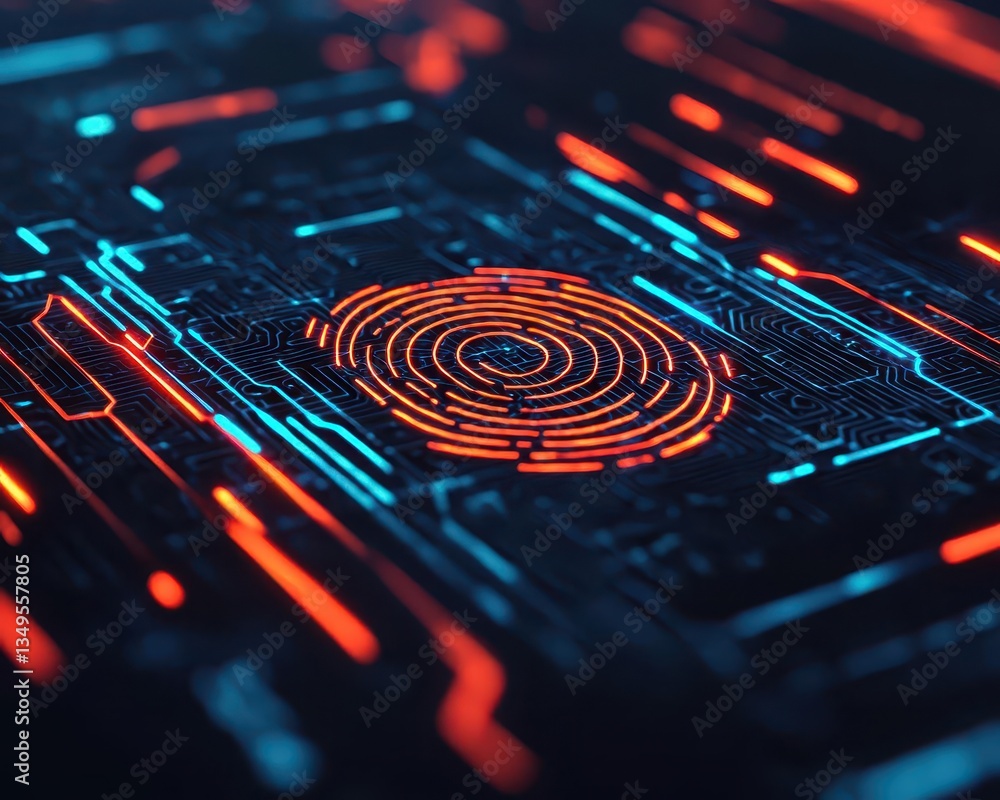 Interactive hologram of a biometric security scan, futuristic digital environment Interactive hologram of a biometric security scan, futuristic digital environment