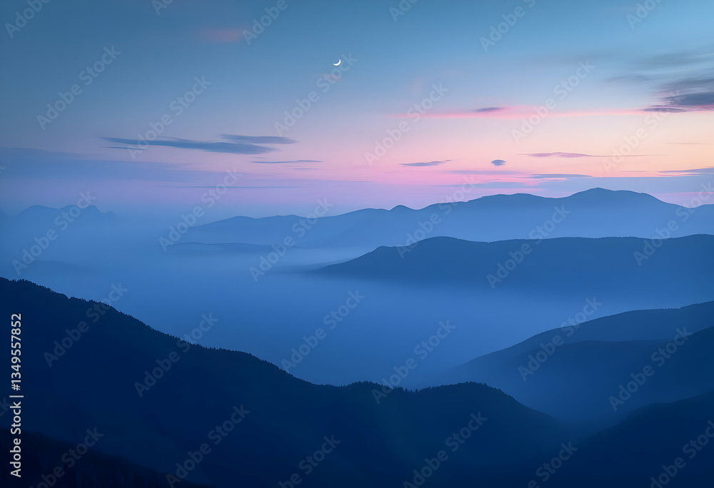 Fototapeta premium Serene Blue Mountains: Misty Sunset Landscape