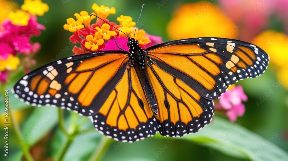 Monarch butterfly rests on colorful flowers in garden Monarch butterfly rests on colorful flowers in garden