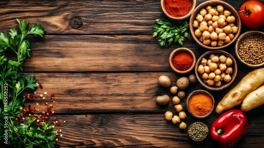 An artistic arrangement of ingredients used in pani puri, including boiled potatoes, chickpeas, and spices, beautifully displayed on a wooden background. An artistic arrangement of ingredients used in pani puri, including boiled potatoes, chickpeas, and spices, beautifully displayed on a wooden background.