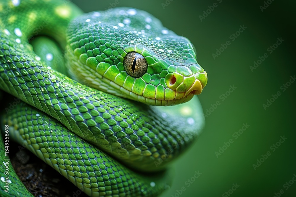 Green tree viper coiled, rainforest, close-up, nature Green tree viper coiled, rainforest, close-up, nature