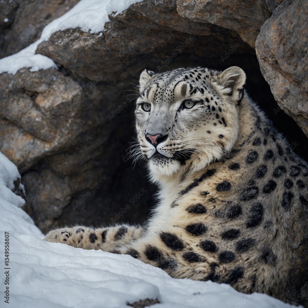 Naklejka premium A snow leopard curled up inside a cave, warm breath visible in the cold air.