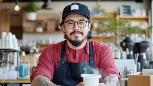 Cafe worker smiles warmly