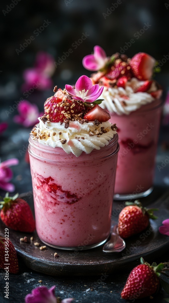 Beautiful strawberry milkshake served in jars with whipped cream and edible flowers in a dark setting
