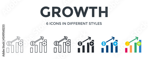 Growth Icon In Different Style Vector Illustration. Designed In Thin Line, Regular Line, Bold Line, Glyph, Color Fill, And Flat Style Can Be Used For Web