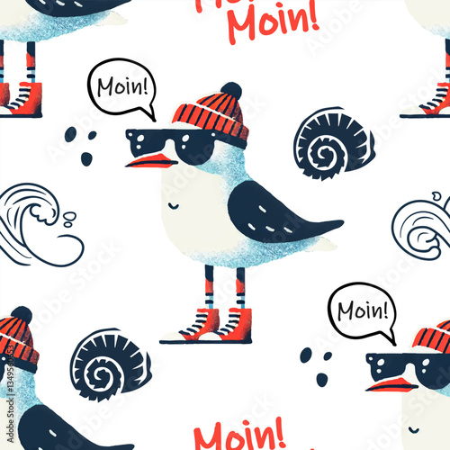 Seamless seagull pattern. Trendy design featuring a Seagull in beanies and sunglasses with the North German phrase "Moin!" isolated on white background for wrapping paper, wallpaper and fabric prints