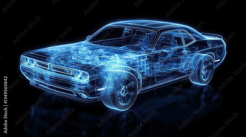 Naklejka premium A modern sports car rendered in a cool blue digital blueprint