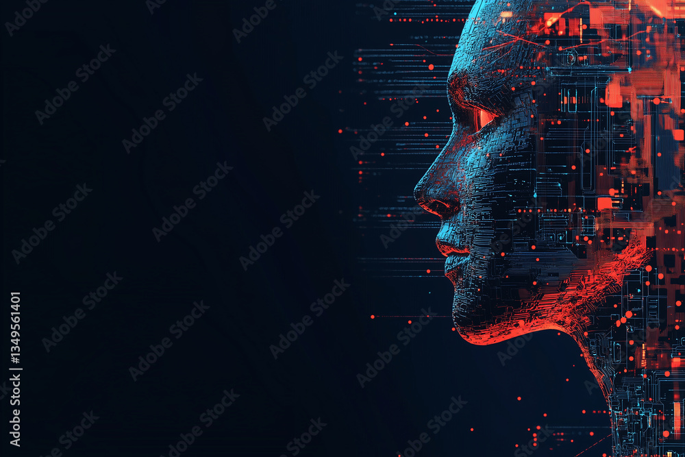 Naklejka premium digital representation of human face with futuristic design, showcasing intricate circuitry and glowing elements, symbolizing advanced technology and artificial intelligence