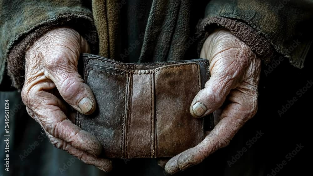 Weathered hands hold an empty wallet in a somber display of struggle and resilience in a darkened environment Weathered hands hold an empty wallet in a somber display of struggle and resilience in a darkened environment