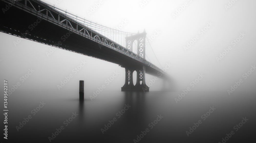 Obraz premium Foggy NYC Bridge, Urban Landscape, Calm Waters