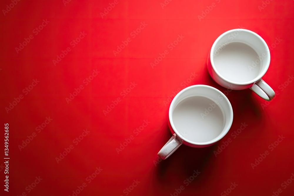 Two empty white mugs on a red surface (2) Two empty white mugs on a red surface (2)