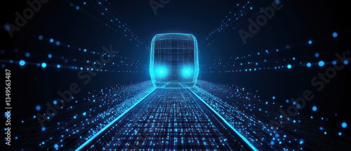 A futuristic digital train moving along a virtual railway track