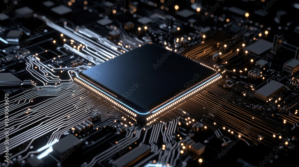 sleek microprocessor sits at center of complex circuit board, surrounded by intricate pathways and glowing connections, symbolizing advanced technology and innovation