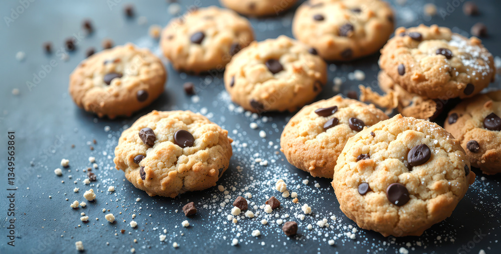 chocolate chip cookies with crumbs on stone table chocolate chip cookies with crumbs on stone table