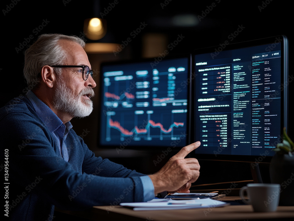 focused professional analyzes financial data multiple screens, showcasing graphs and charts modern office environment. atmosphere is serious and dedicated, reflecting importance of data driven focused professional analyzes financial data multiple screens, showcasing graphs and charts modern office environment. atmosphere is serious and dedicated, reflecting importance of data driven