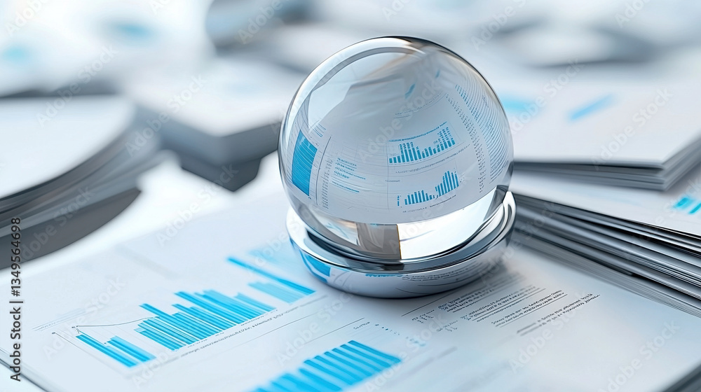 crystal ball rests on stack of business reports, surrounded by various graphs and charts. scene conveys sense of analysis and forecasting in professional environment