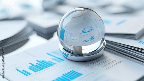Obraz na płótnie crystal ball rests on stack of business reports, surrounded by various graphs and charts. scene conveys sense of analysis and forecasting in professional environment w salonie