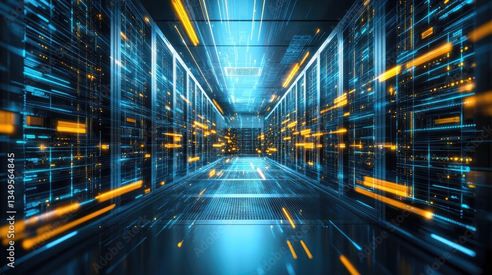 A futuristic data center illuminated by glowing blue and yellow lights, representing high-speed data transfer, cloud computing, and digital infrastructure. Ideal for AI, cybersecurity, and technology A futuristic data center illuminated by glowing blue and yellow lights, representing high-speed data transfer, cloud computing, and digital infrastructure. Ideal for AI, cybersecurity, and technology