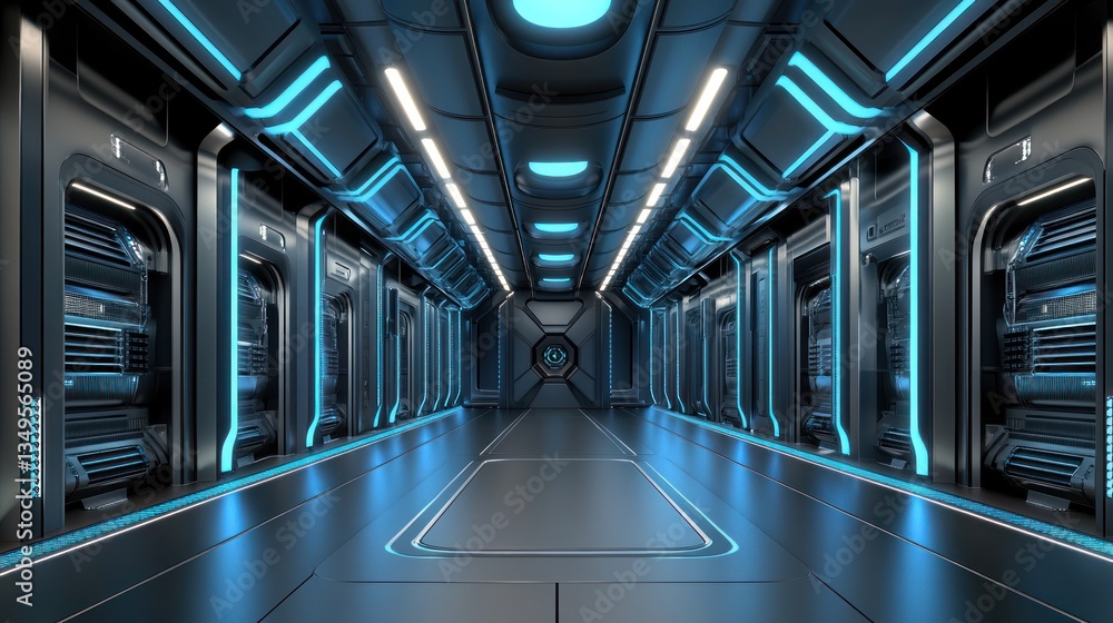 Fototapeta premium Interior view showing a futuristic spaceship corridor with glowing blue lights
