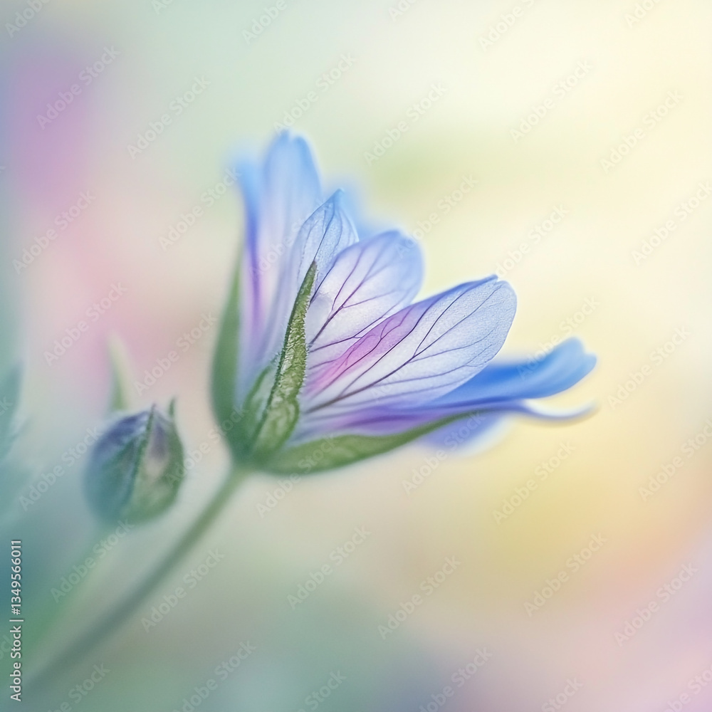 Fototapeta premium A soft focus image of a blue and purple flower with a bud against a pastel colored background