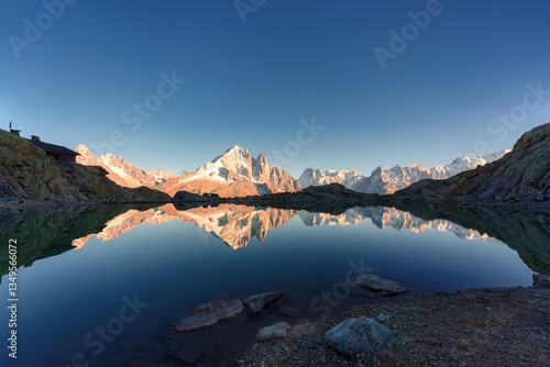 Landscape of Lac Blanc with Mont Blanc massif on sunny day at Chamonix, France