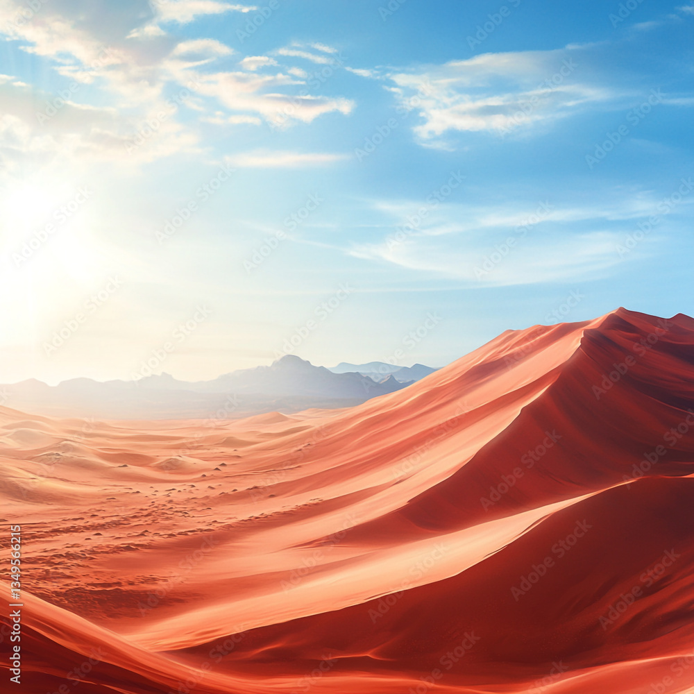 Fototapeta premium A vast desert landscape with rolling sand dunes under a bright blue sky and distant mountain range
