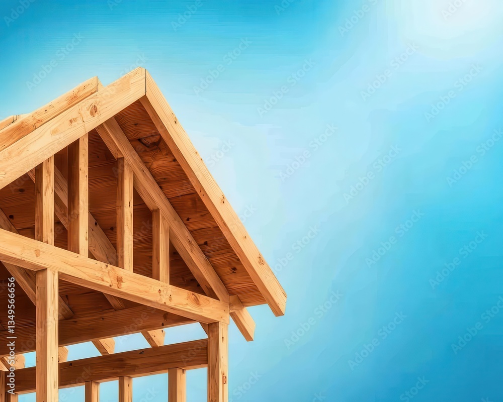 Obraz premium Blueprintstyle drawing of house under construction, closeup of wooden beams and scaffolding, concept of structural beauty