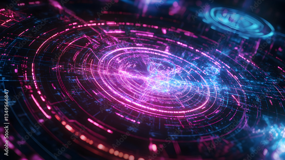 Fototapeta premium Futuristic concentric circles and neon illumination in dark surroundings