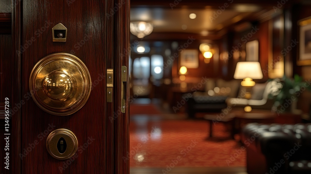 Obraz premium Luxury hotel interior door opening to a warm lounge