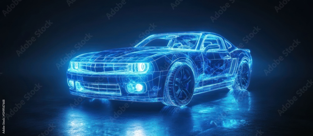 Naklejka premium A futuristic blue wireframe rendering showcases a sleek sports car model