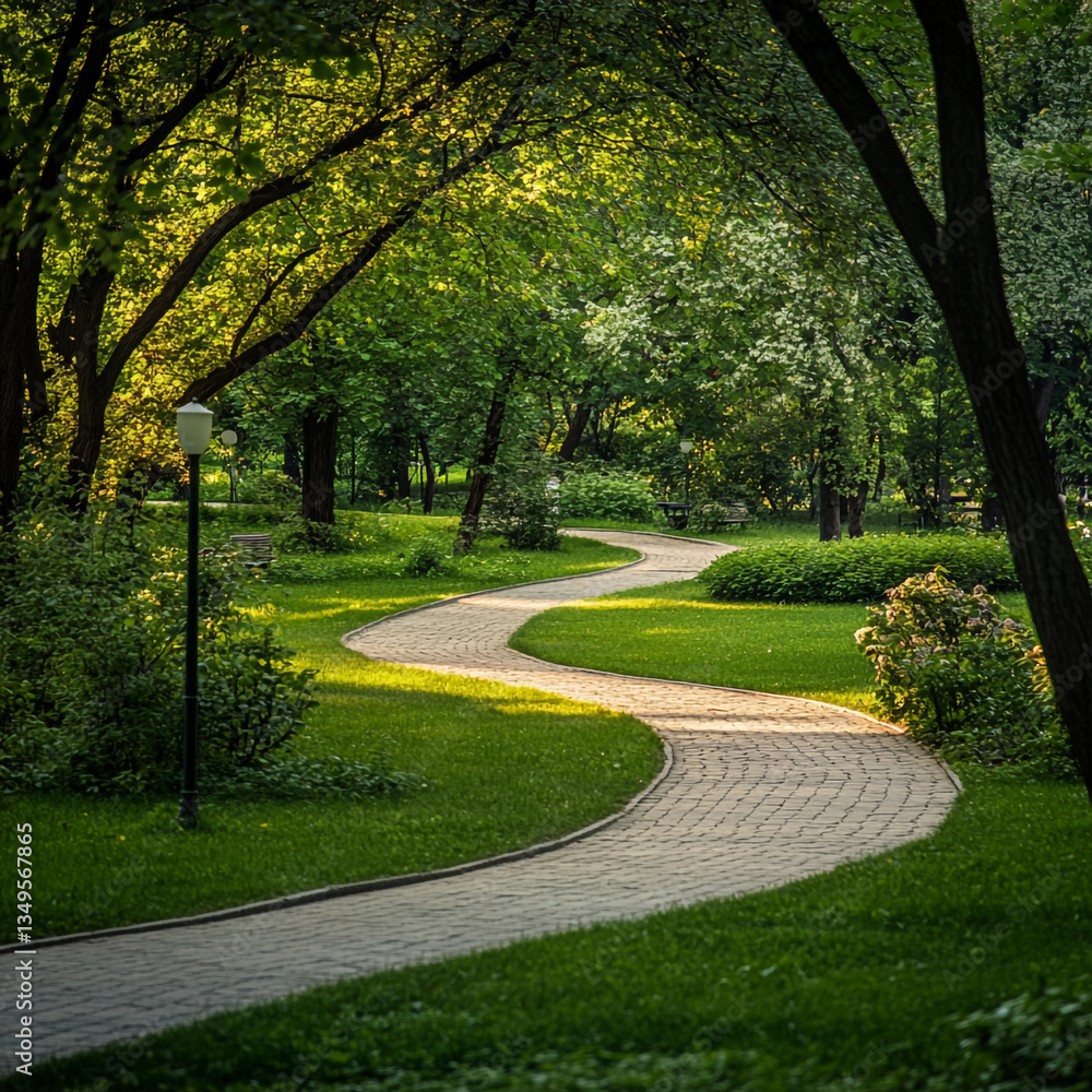 A winding brick path through a lush green park with trees and sunlight filtering through the leaves A winding brick path through a lush green park with trees and sunlight filtering through the leaves