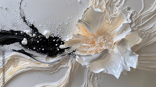 Abstract floral artwork with white flower on textured background featuring black and gold accents