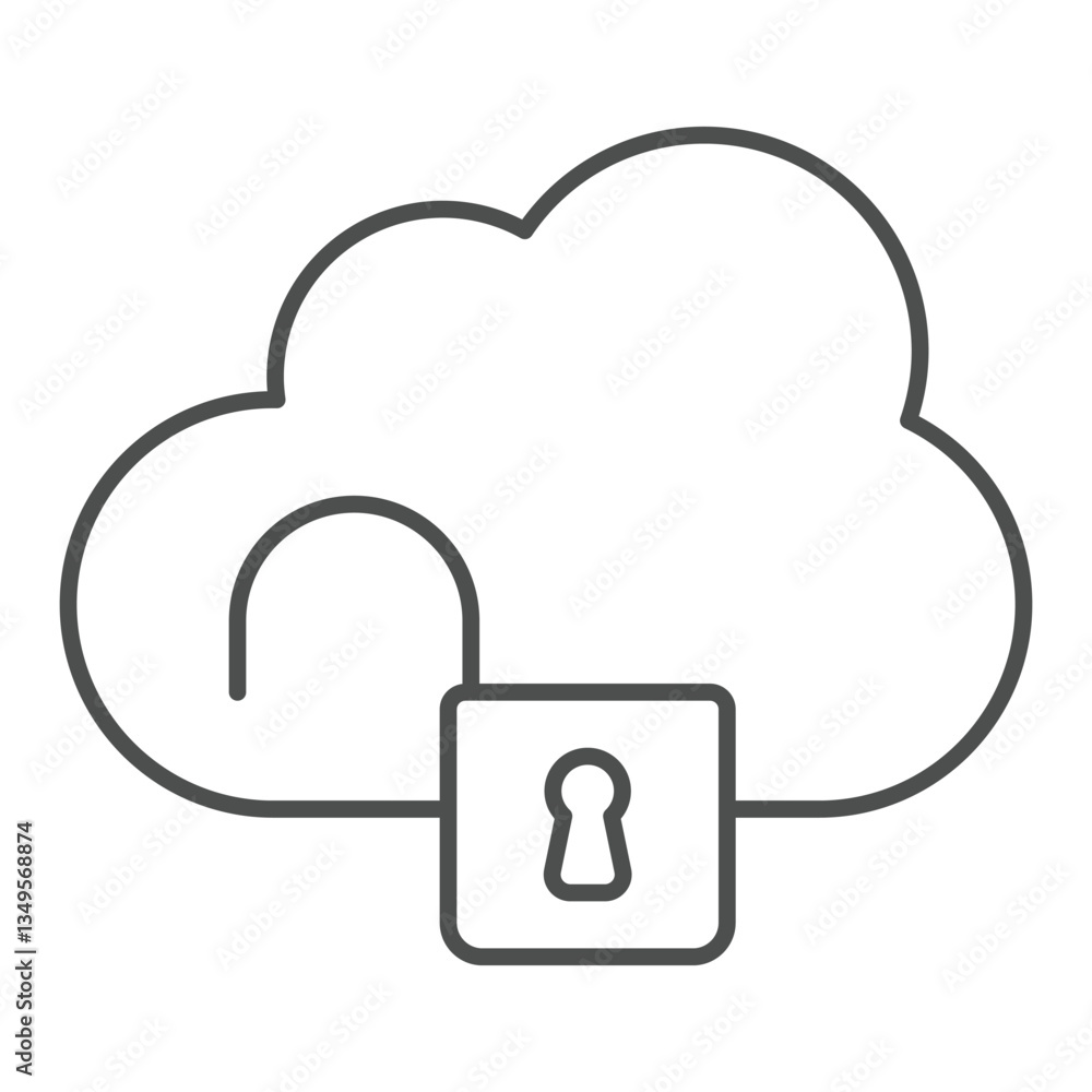 Unsecure cloud storage thin line icon, hacker attacks concept. Vector graphics. Cloud with unlocked lock sign on white background, outline style icon for mobile or web design. Unsecure cloud storage thin line icon, hacker attacks concept. Vector graphics. Cloud with unlocked lock sign on white background, outline style icon for mobile or web design.