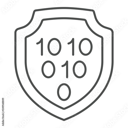 Binary code on emblem thin line icon, hacker attacks concept. Vector graphics. Code exploit protection shield sign on white background, outline style icon for mobile or web design.