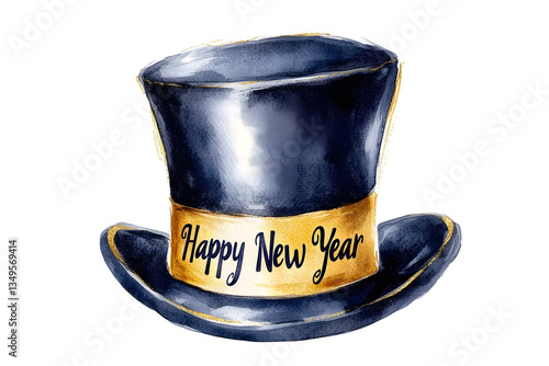 Elegant watercolor painting of a New Year's Eve top hat