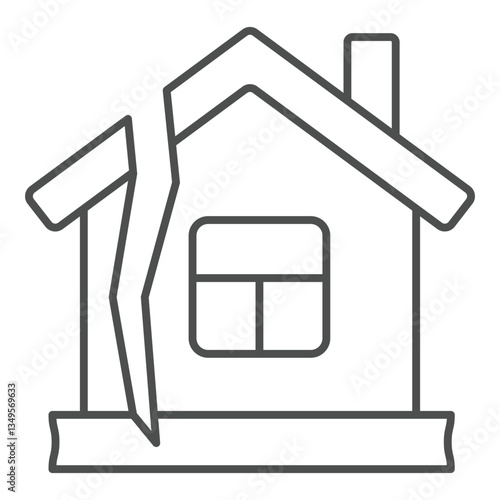Destroyed home house thin line icon, insurance event concept. Vector graphics. Cottage building foundation breakdown sign on white background, outline style icon for mobile or web design.