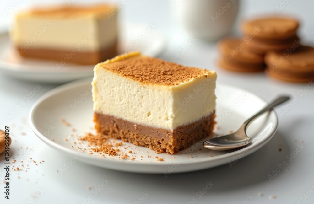 layered cheesecake on white plate with spoon. Sweet dessert with biscuit base, creamy layer, sprinkled caramel. Tasty food slice, bakery product, cafe menu design, delicious fresh pastry. layered cheesecake on white plate with spoon. Sweet dessert with biscuit base, creamy layer, sprinkled caramel. Tasty food slice, bakery product, cafe menu design, delicious fresh pastry.