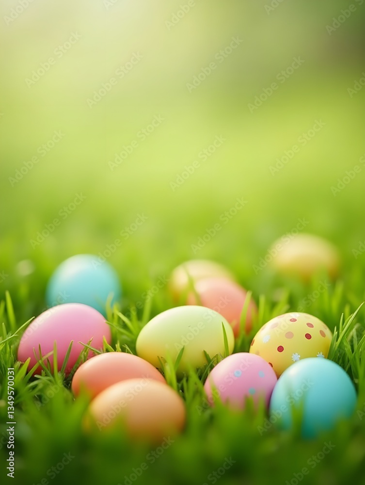 Colorful Easter eggs scattered across green grass in a bright outdoor setting during springtime Colorful Easter eggs scattered across green grass in a bright outdoor setting during springtime