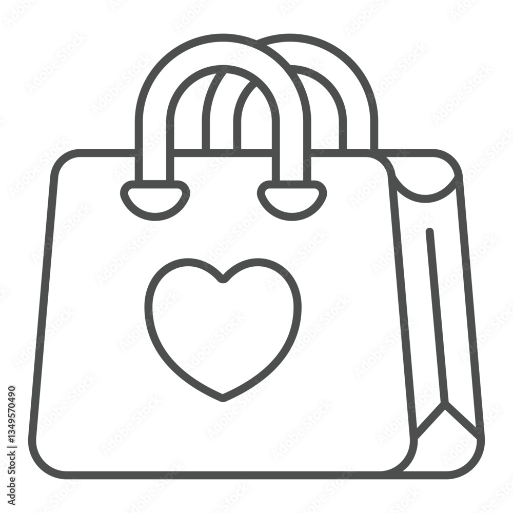 Shopping bag with heart thin line icon, mother day concept. Vector graphics. Market, store paper packet sign on white background, outline style icon for mobile or web design. Shopping bag with heart thin line icon, mother day concept. Vector graphics. Market, store paper packet sign on white background, outline style icon for mobile or web design.