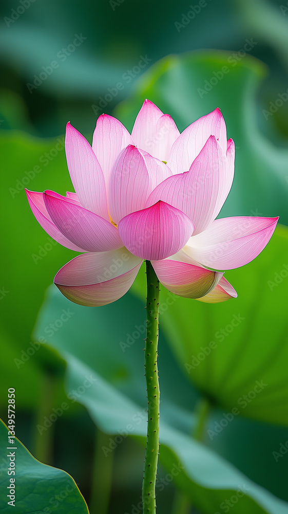 Obraz premium vibrant pink lotus flower blooms gracefully against lush green leaves, showcasing its delicate petals and serene beauty in tranquil natural setting