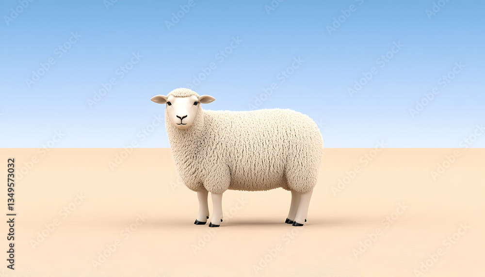 Fototapeta premium A fluffy white sheep stands in a minimalist beige landscape against a pale blue sky