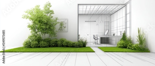 An architectural design concept showing a green office space with plants