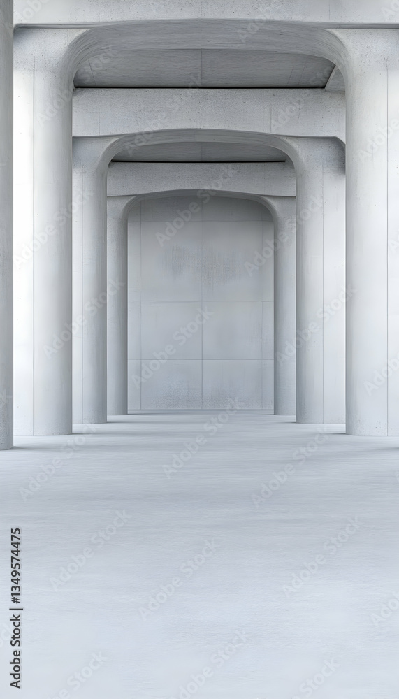 Abstract architecture; repeating arches and columns in a minimalist, white concrete space Abstract architecture; repeating arches and columns in a minimalist, white concrete space