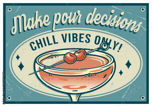 Manhattan cocktail glass on retro, vintage poster with whiskey, cherry, palm trees in background for design of surfing, tiki or beach bar menu. Alcohol cocktail for drink party, summer vibes