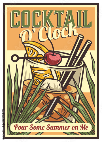 Negroni cocktail glass on retro, vintage poster with ice and slice of orange for design of surfing, tiki or beach bar menu. Old fashioned alcohol cocktail for drink party, summer vibes