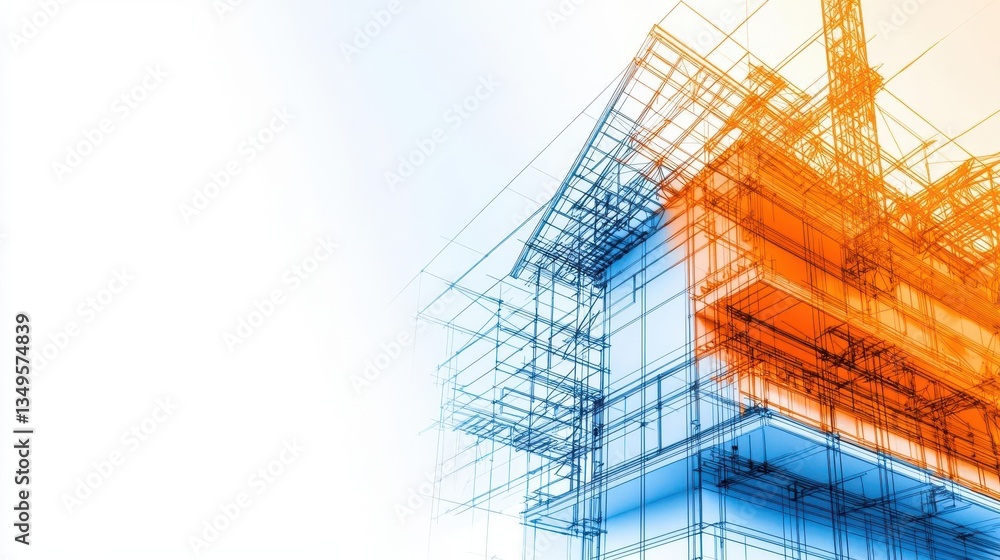 Detailed rendering of partially built factory, blueprint and framework, construction in motion Detailed rendering of partially built factory, blueprint and framework, construction in motion