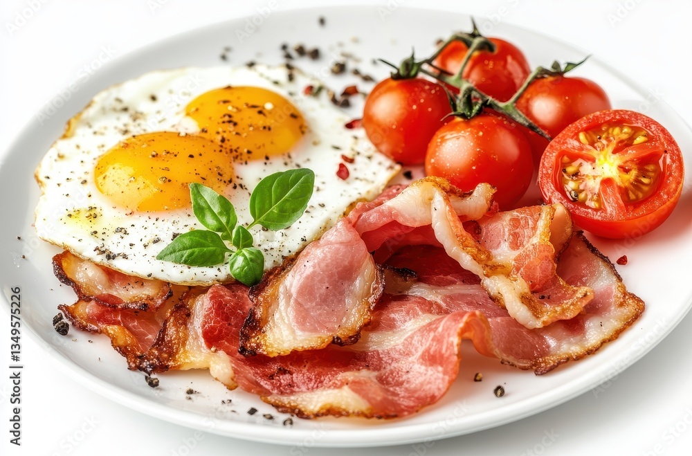 Delicious breakfast plate featuring sunny-side up eggs, crispy bacon, fresh cherry tomatoes, and a touch of basil on a white background Delicious breakfast plate featuring sunny-side up eggs, crispy bacon, fresh cherry tomatoes, and a touch of basil on a white background